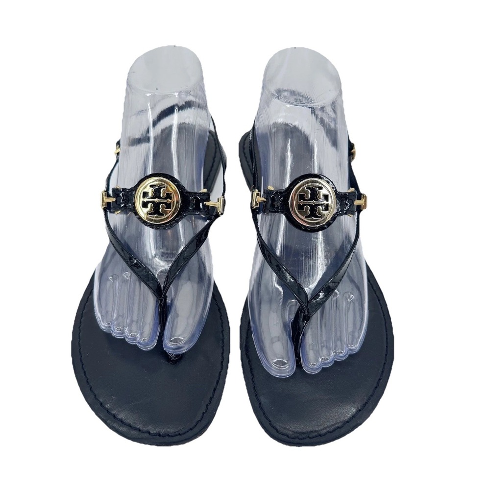 Tory Burch Emmy Black Patent Leather Slingback Sandal Gold Logo Medallion Sz 11